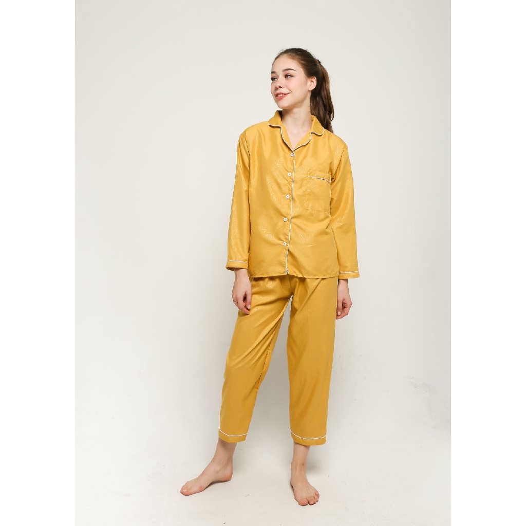 FortKlass Piyama Satin Embos Sleepwear Stelan Baju Tidur Lengan Panjang Celana Panjang-GOLD