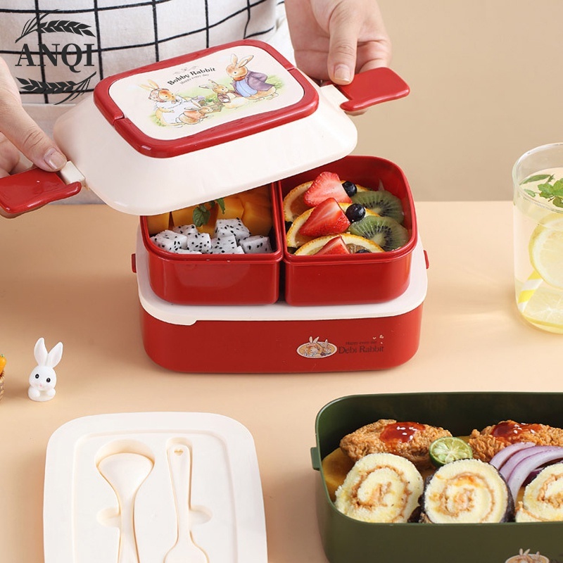 ANQI 1888 2 Susun Portabel Double-Layers Lunch Box Kotak Makan Tahan Bocor Tempat Makan Anak Cute Kotak Makan VS-75