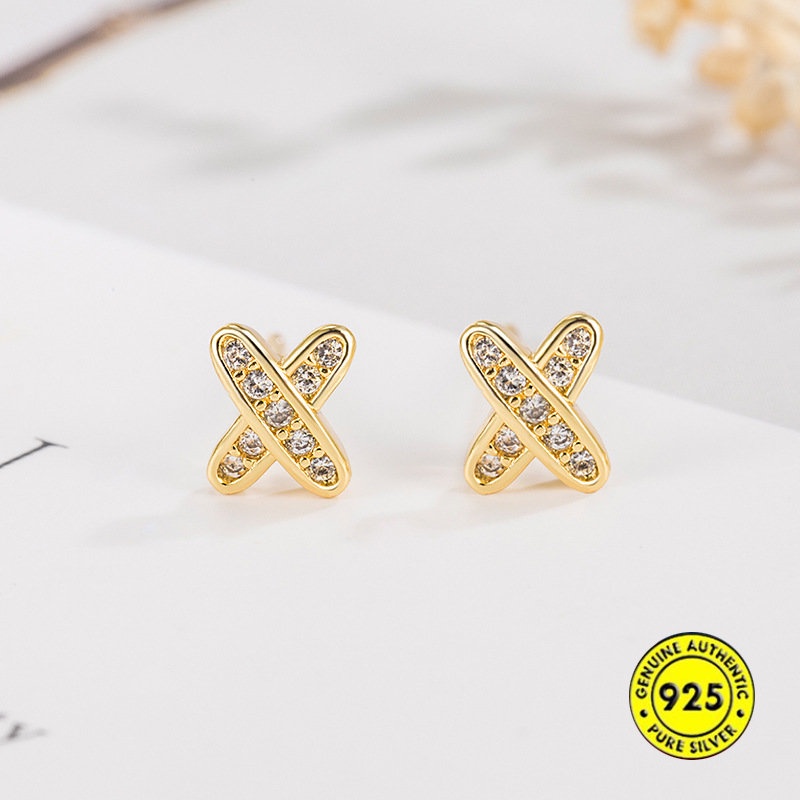 Anting Tusuk Bentuk Huruf X Hias Berlian Imitasi Untuk Wanita U1034