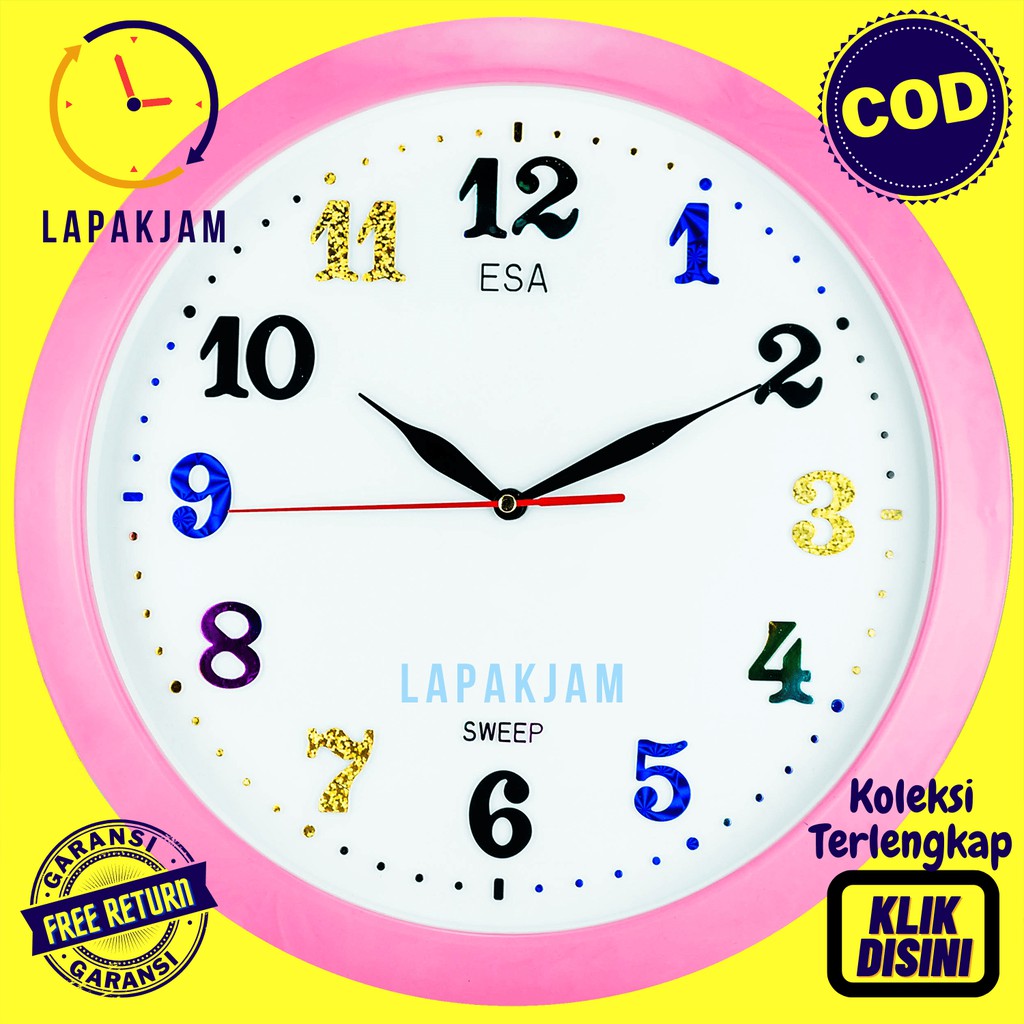 Jam Dinding Quartz Hiasan Dinding Minimalis Unik Besar Esa 331 Angka Warna Warni Hijau Kuning Biru