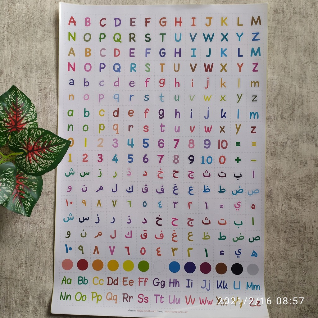 Poster Belajar Anak Serbaguna (Huruf Hijaiyah, Huruf Alfabet, Angka Arab, dan Warna)