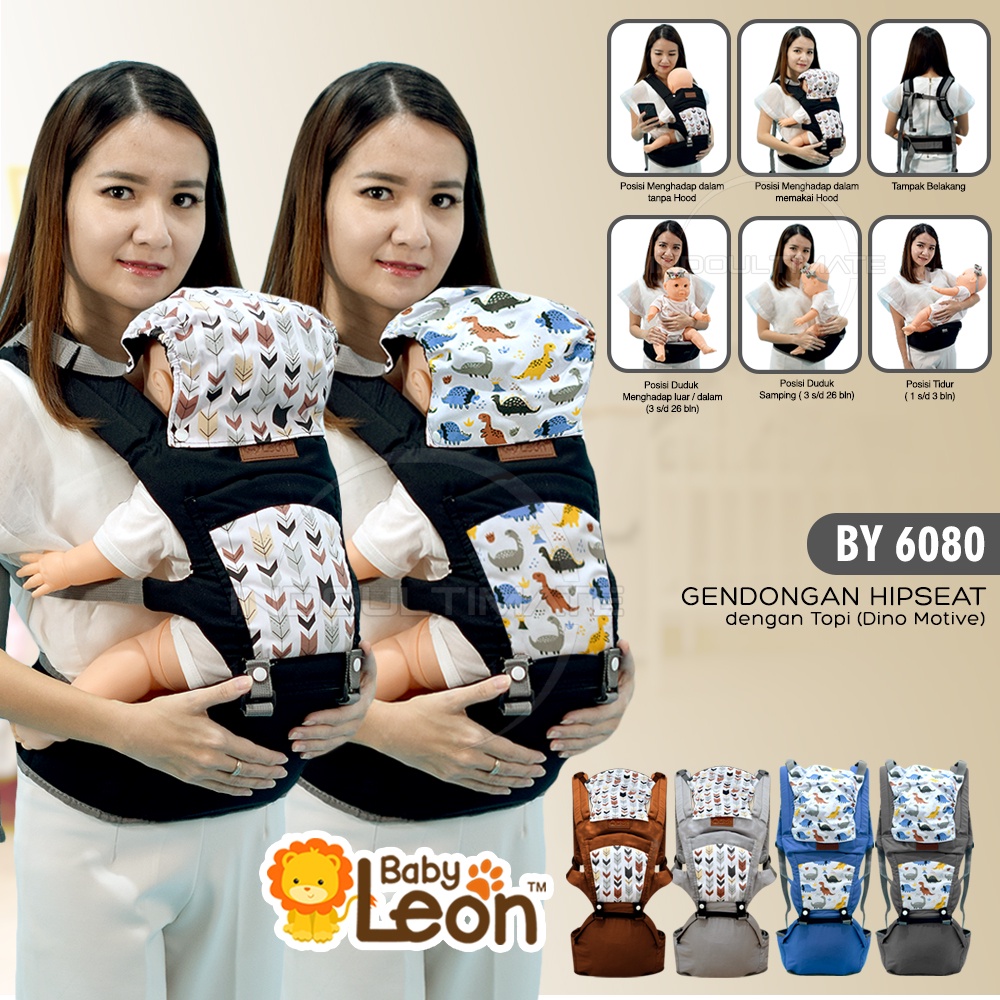 Gendongan Hipseat Bayi 5in1 Way BABY LEON + Penutup Kepala BY-6080 Gendongan Bayi Depan Duduk Gendongan Bayi Samping Gendongan Multifungsi Gendongan Bayi Instan Anti Pegal Baby Carrier BY-6088 GBS-100 BY-475