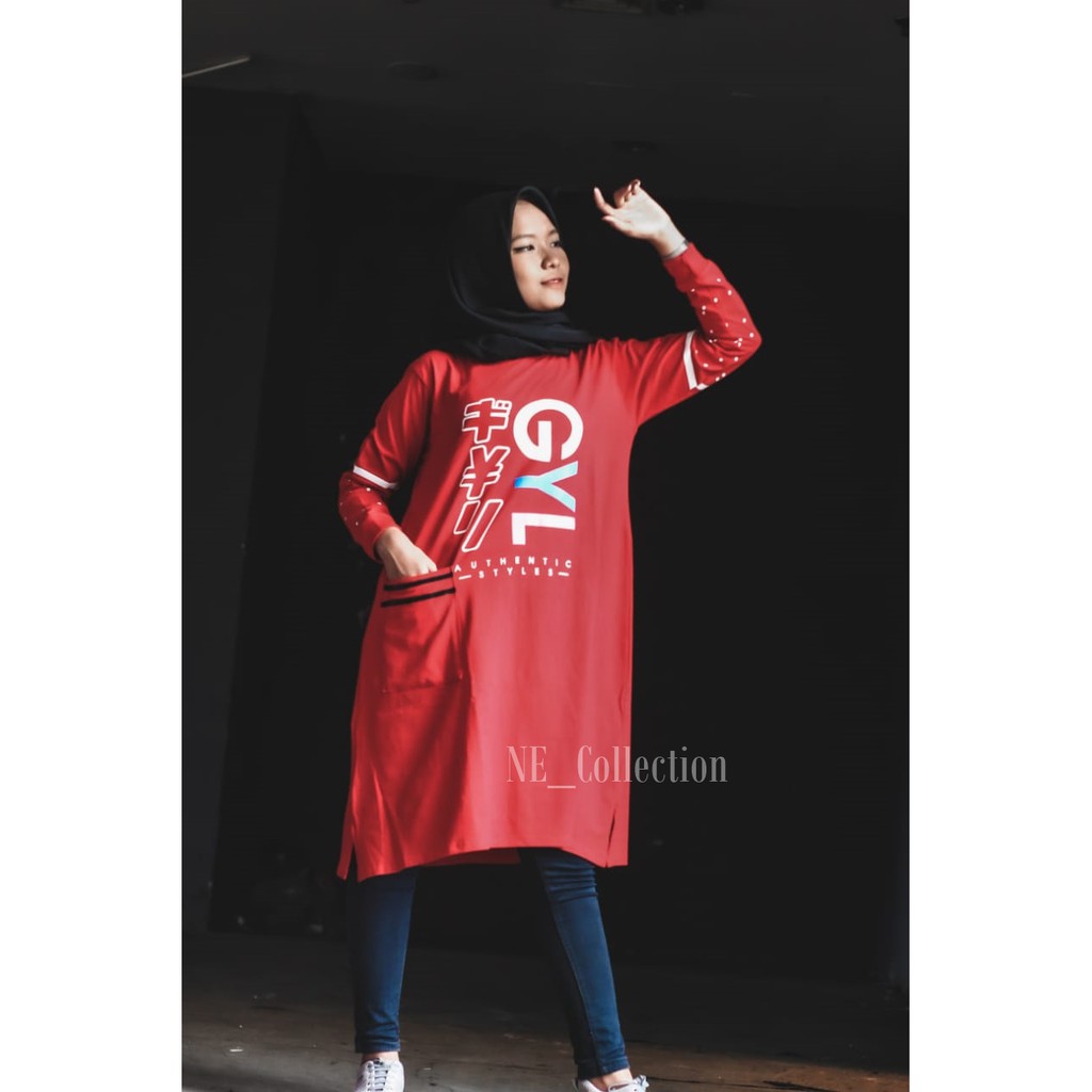 Tunik Wanita Muslimah Trendy GYL Style Bahan Kaos Combed Premium Warna Merah