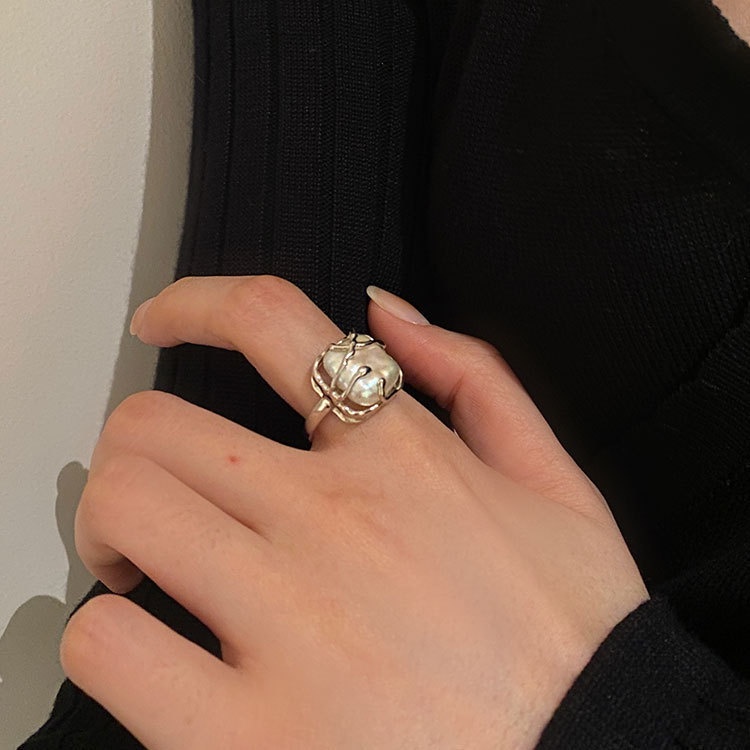 Cincin Model Terbuka Bentuk Kotak Aksen Mutiara