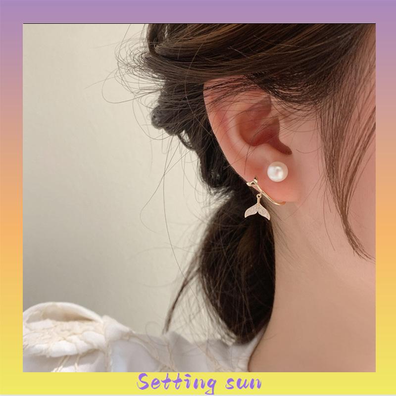 Pearl Fishtail Back Hanging Earrings Wanita High-end Cahaya Mewah Penuh Berlian Anting Geometris TN