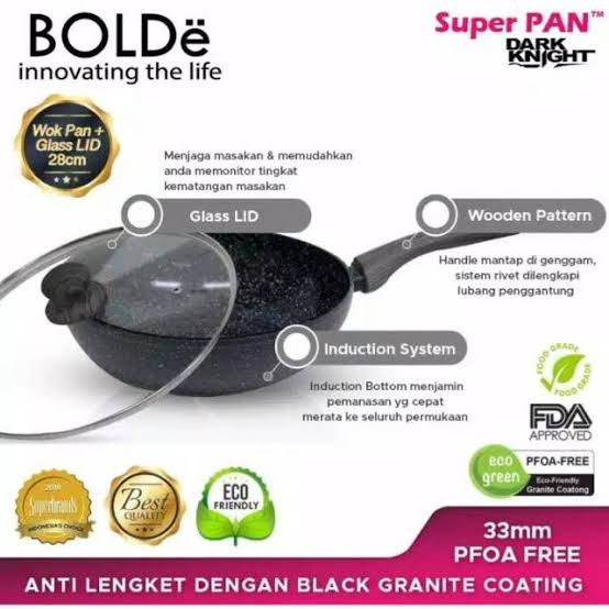 Bolde Wok Pan Dark Knight 28cm + Glass Lid Panci Tutup Kaca Induksi Wajan Tutup Kaca Fry Pan Bolde