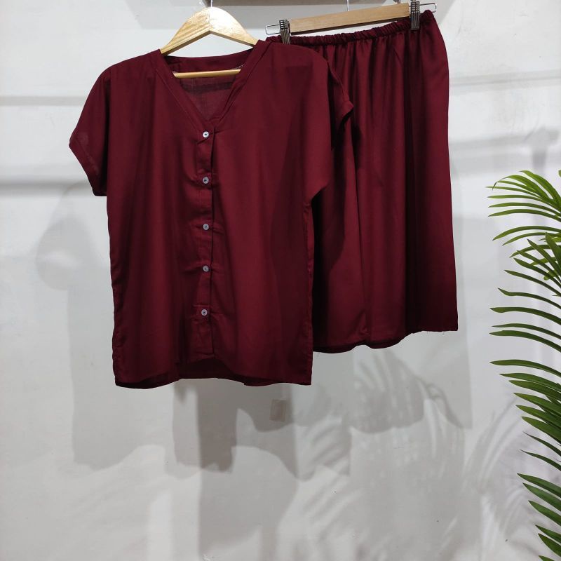 PIYAMA POLOS KANCING | PIYAMA BUSUI | BAJU SANTAI MURAH | HOMEDRESS MURAH | HOMEWEAR MURAH-VN 7/8 MAROON
