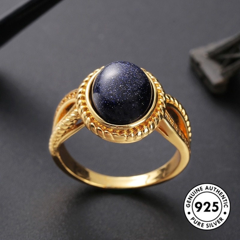 Cincin Lapis Emas Sterling Silver 925 Dengan Batu Starlight Biru Untuk Wanita