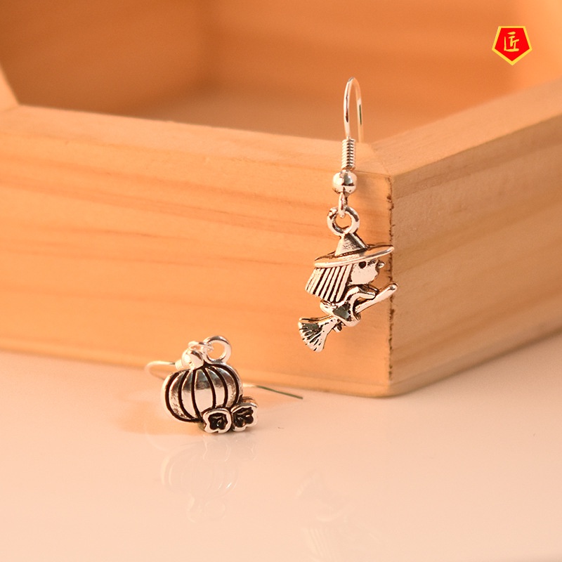 [Ready Stock]New Halloween Witch Pumpkin Asymmetric Earrings S925 Silver Black