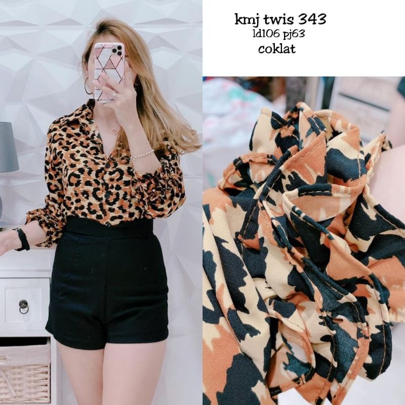 Kemeja wanita bermotif macan/ leopard lengan panjang
