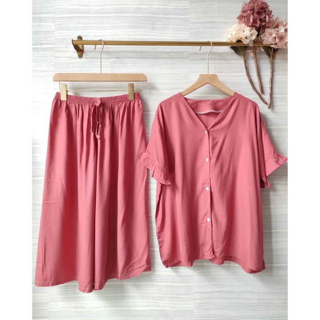 Set Wanita Baju Tidur Piyama Setelan Rayon Polos Oneset Lengan Rempel