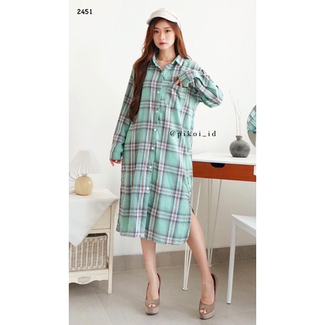 Dress flanel murah / dress kotak kotak lengan panjang / dress korea oversize long outer flanel 2451