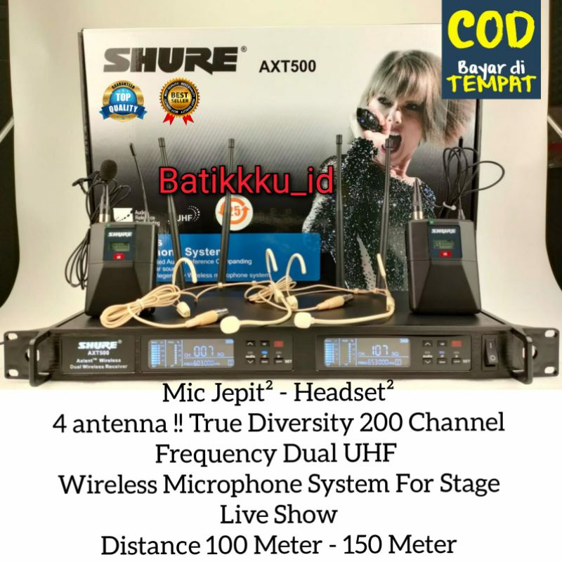 MIC WIRELESS SHURE AXT500 / AXT 500 FOR LIVE STAGE PERFORMANCE 2 MIC JEPIT+CLIP ON+HEADSET