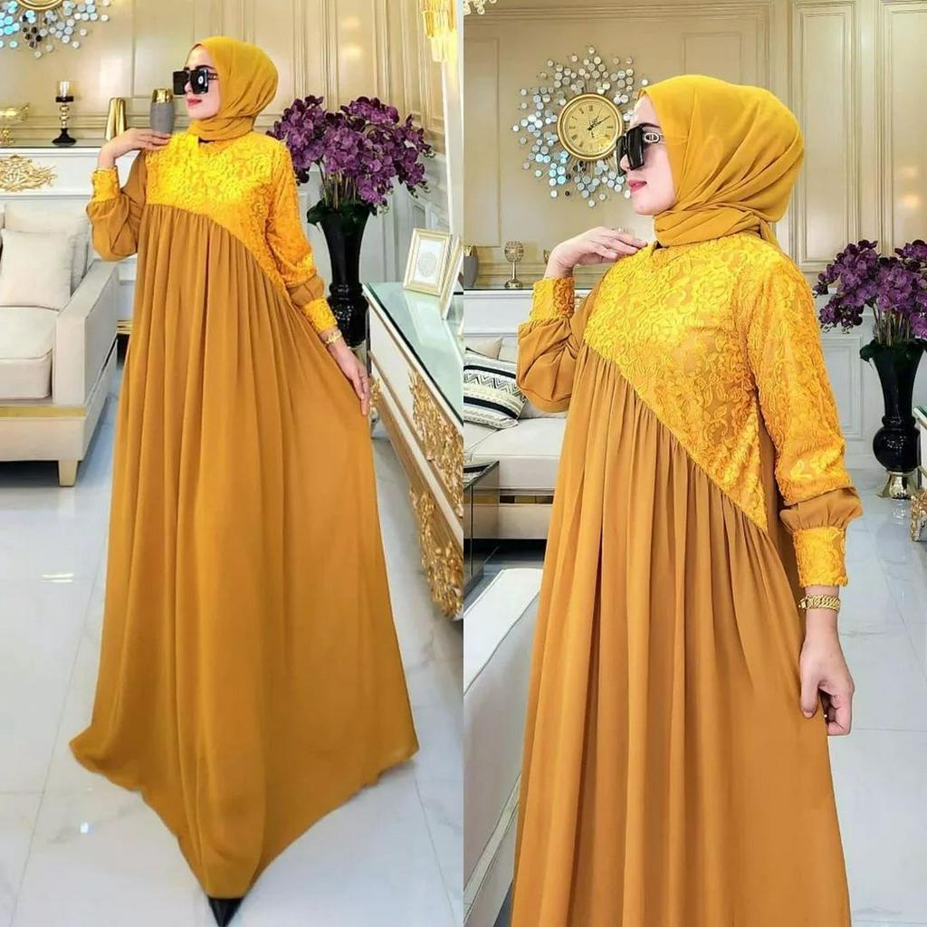 GAMIS WANITA TERBARU SHABIRA MAXY BAHAN CERUTY MIX BRUKAT LD 110 XL PJ 137 CM MAROON UKURAN M L XL XXL GAMIS WANITA TERBARU 2023 KEKINIAN DRESS WANITA FASHION MUSLIM MAXY DRESS JUMBO LD 110 CM PAKAIAN MUSLIM WANITA JUMBO