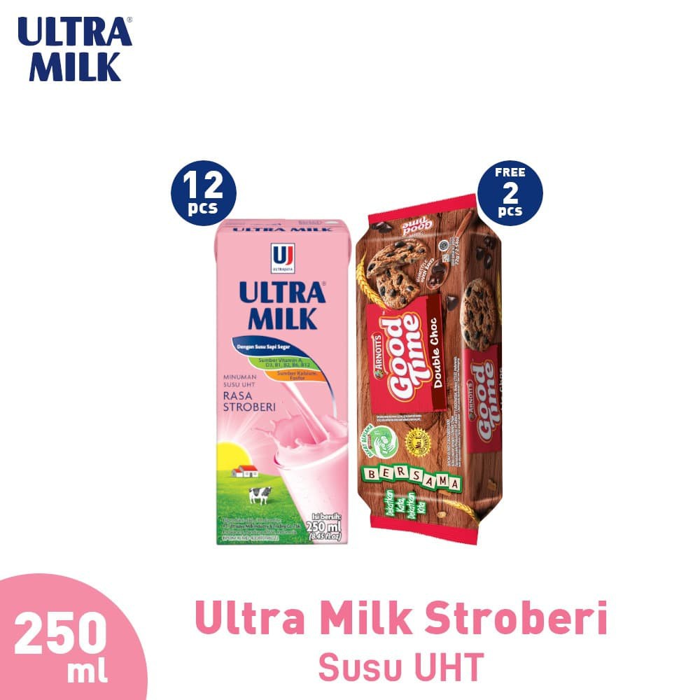 

PROMO PAKET (12PCS) ULTRA MILK STROBERI 250ML FREE 2PCS GOOD TIME COOKIES TERMURAH