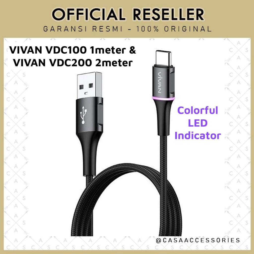 Vivan VDC100 1M / VDC200 2M USB-C Data Cable 3A LED Light Type-C / Kabel Data Type C