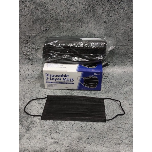 READY MASKER EARLOOP DISPOSABLE MASK 3 LAYER FACE MASK BAHAN TEBAL 3 PLY HITAM BLACK ISI 50 LBR