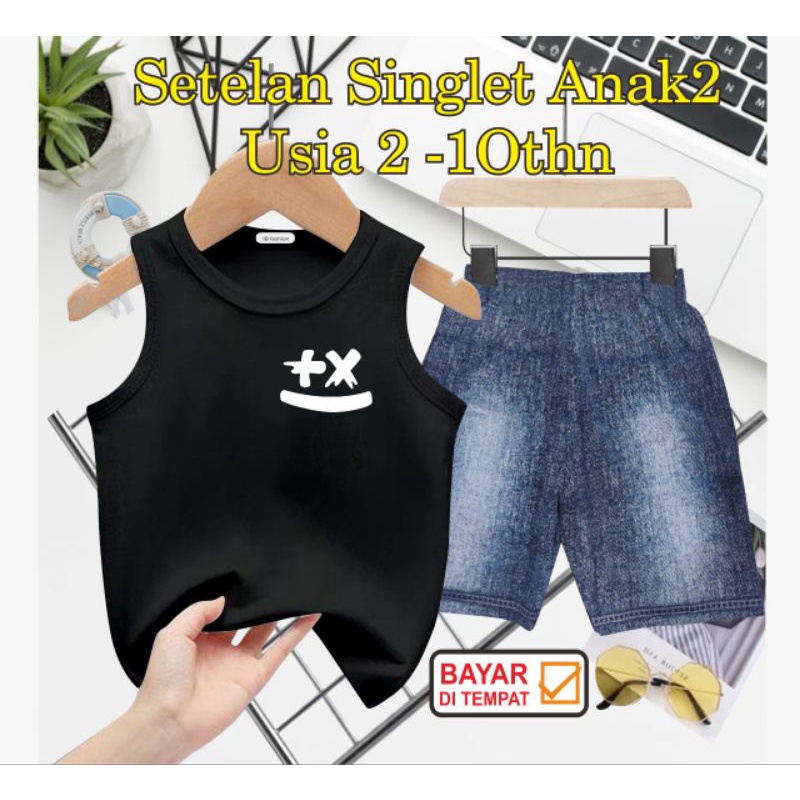 ((IB))SETELAN ANAK SINGLET SEMI JEANS/+X DIGITAL SABLON