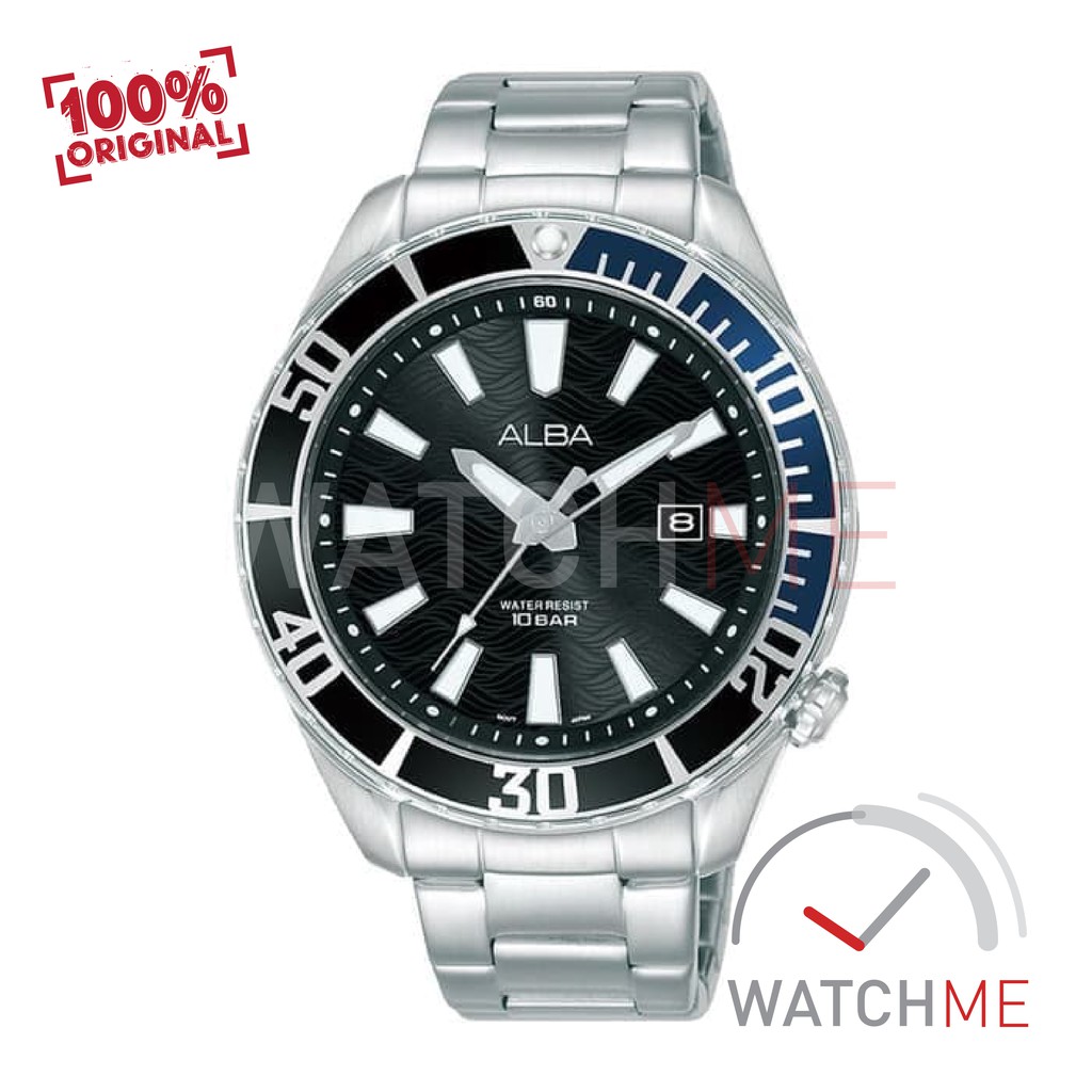 Jam Tangan pria Alba Analog AG8K33X1 Black Dial Blue 100m Stainless Steel Original Garansi Murah