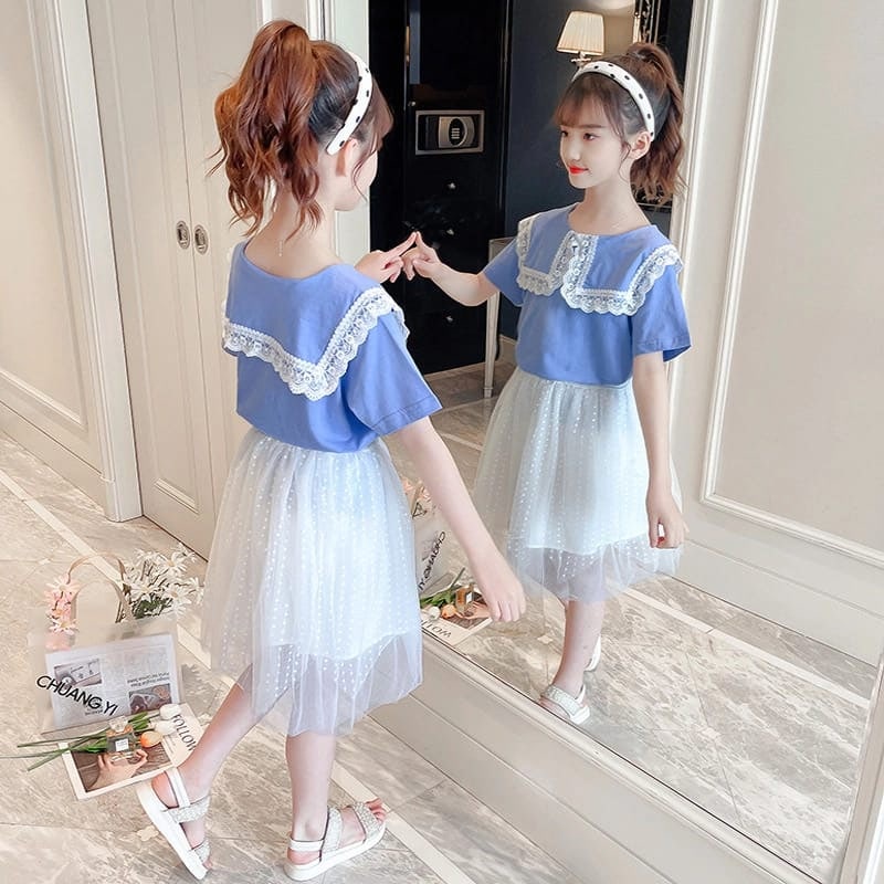 Promo !! Setelan baju korean fashion - setelan sailor renda tutu import uk 3 dan 4 th (Pink putih, Biru putih)