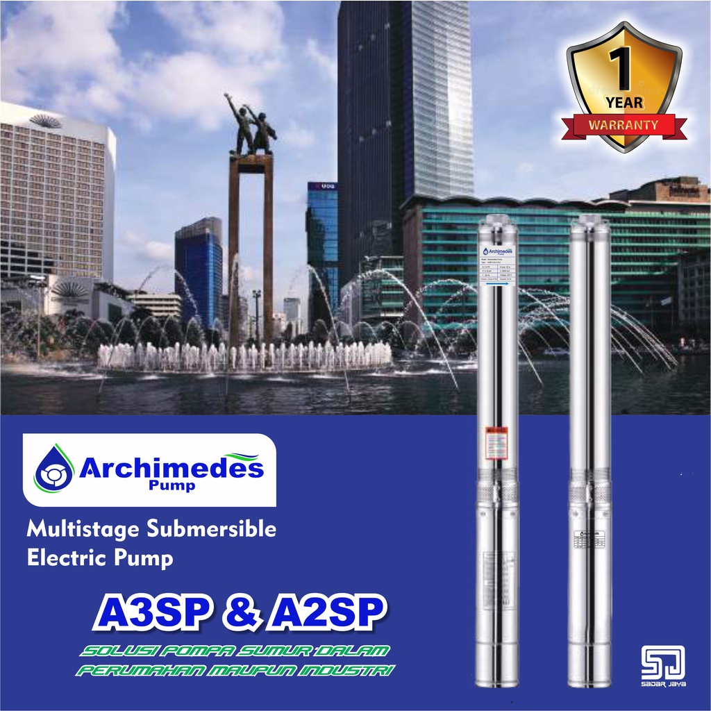 Archimedes A2SP-1-38-0.37C Kabel 30m Pump Submersible 2&quot; Pompa Satelit Sumur Dalam Bor Celup Tanam