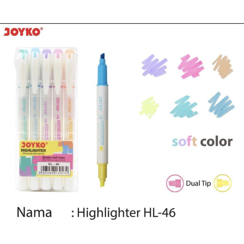 

HIGHLIGHTER merek JOYKO bolak balik/Highlighter / Penanda Joyko HL-46 / 1 SET 5 PCS / 6 Warna