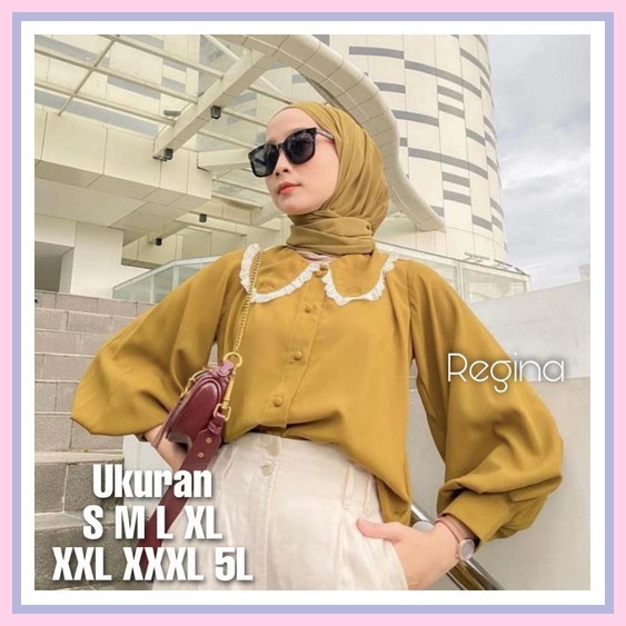 Atasan Wanita Jumbo Hem Kotak Garis Cewek Putih Rayon U3S5 Lengan Panj Regina Blouse Ukuran S M L