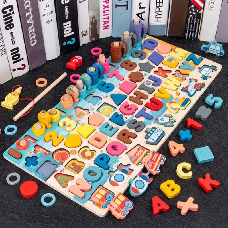 7 in 1 wooden puzzle alphabet number fishing game