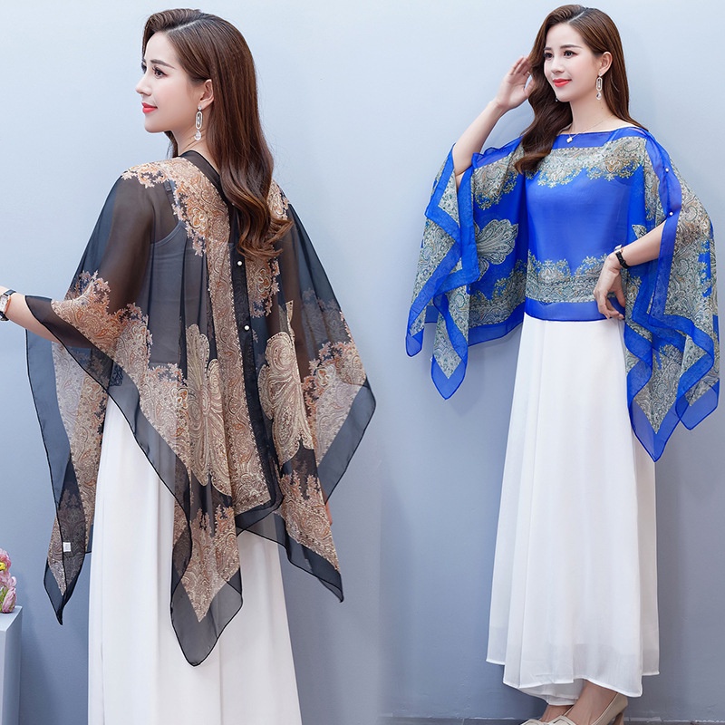 outer scarf leher aksesoris fashion korea syal wanita Bahan sifon bermutu tinggi cardigan outher Printing Batik Chiffon Sutra Shawl Wanita Silk