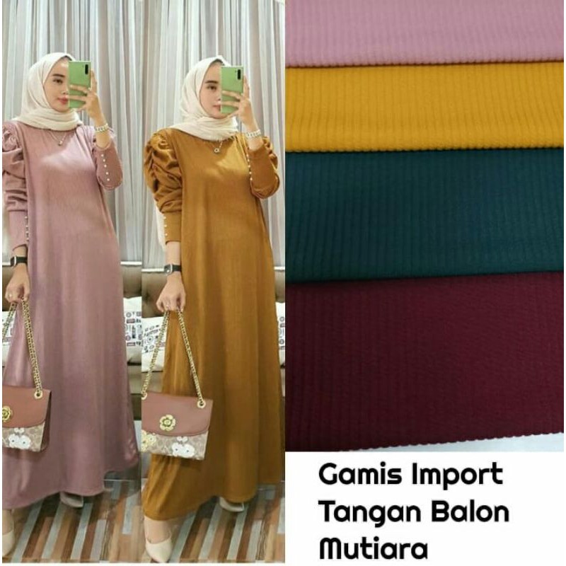 gamis wanita polos impor tangan balon mutiara