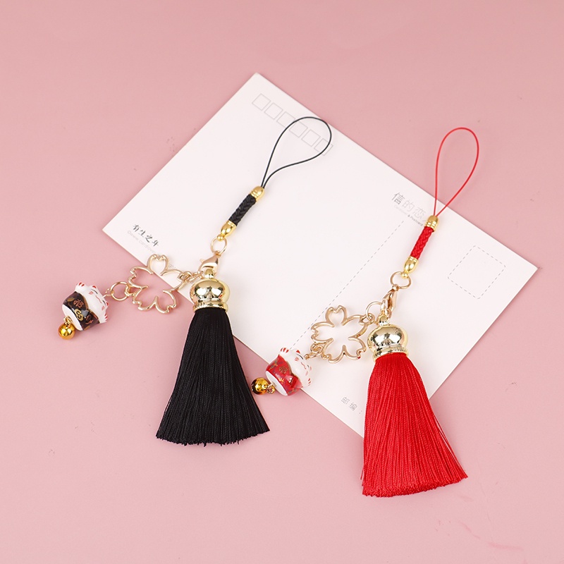 &lt; E2id &amp; &gt; Tali Lanyard Motif Bunga / Cherry / Kucing Aksen Rumbai Untuk Handphone