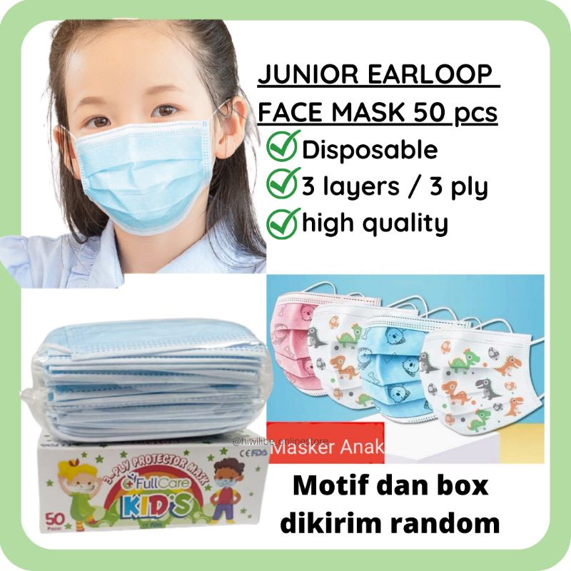 HWLB MASKER 3PLY EARLOOP ANAK 4-12 tahun | isi 50 | non medis non surgical | disposable | terima grosir