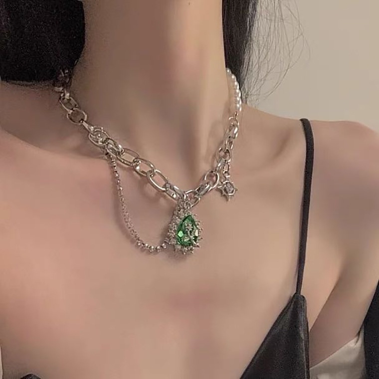 Green Rhinestone Pearl Necklace Accessories Hip Hop Clavicle Chain