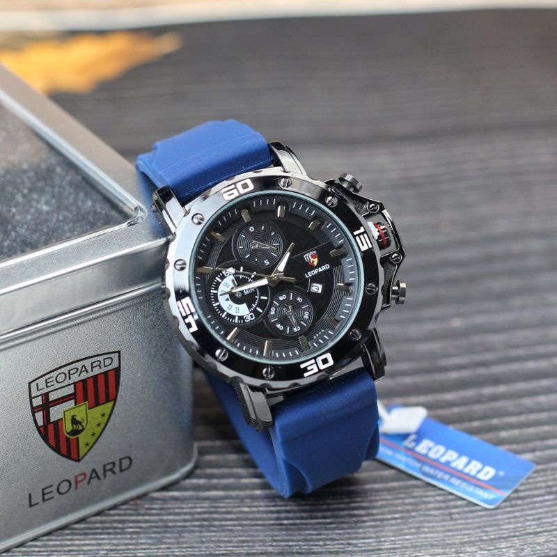 Jam tangan Pria Leopard tali rubber tanggal aktif