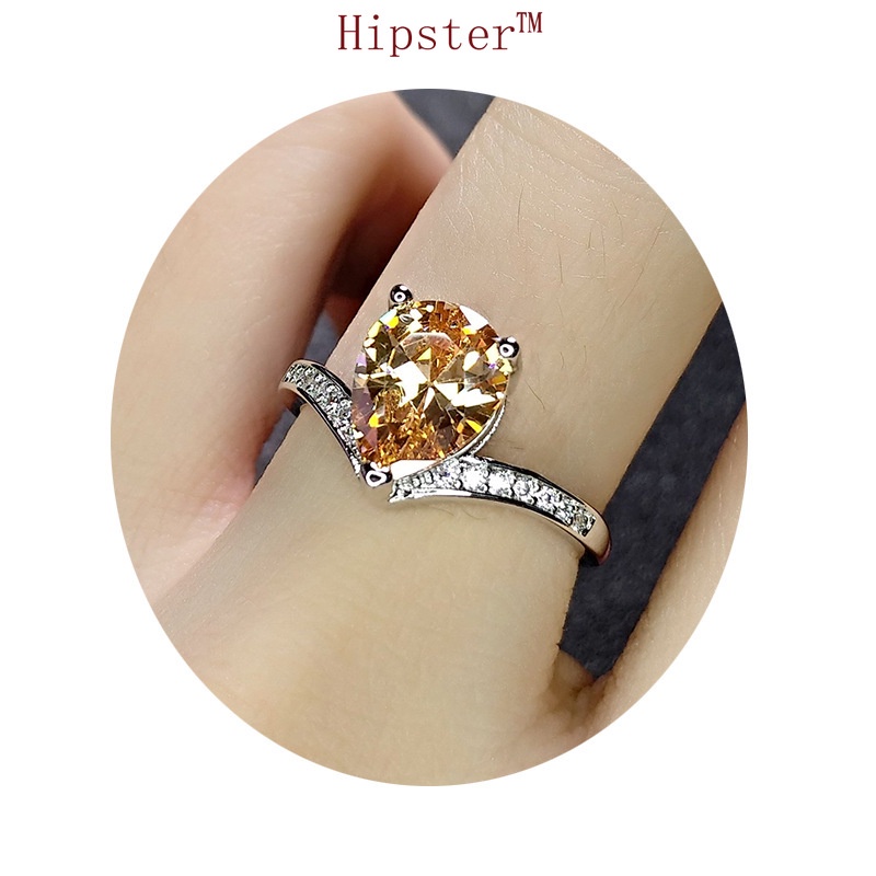 Hot Sale Fashion Trend Light Luxury Inlaid Platinum Champagne Crystal Drop-Shaped Ring