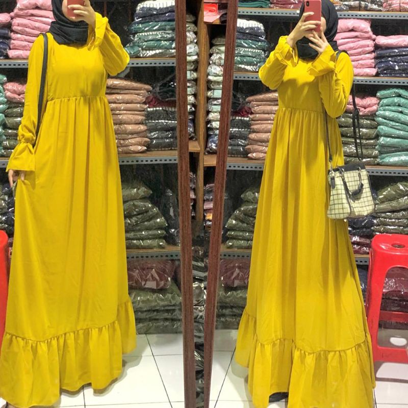 LAYLA DRESS ORI 100% /WARNA MUSTARD / GAMIS POLOS / GAMIS CERURI DULL FURING