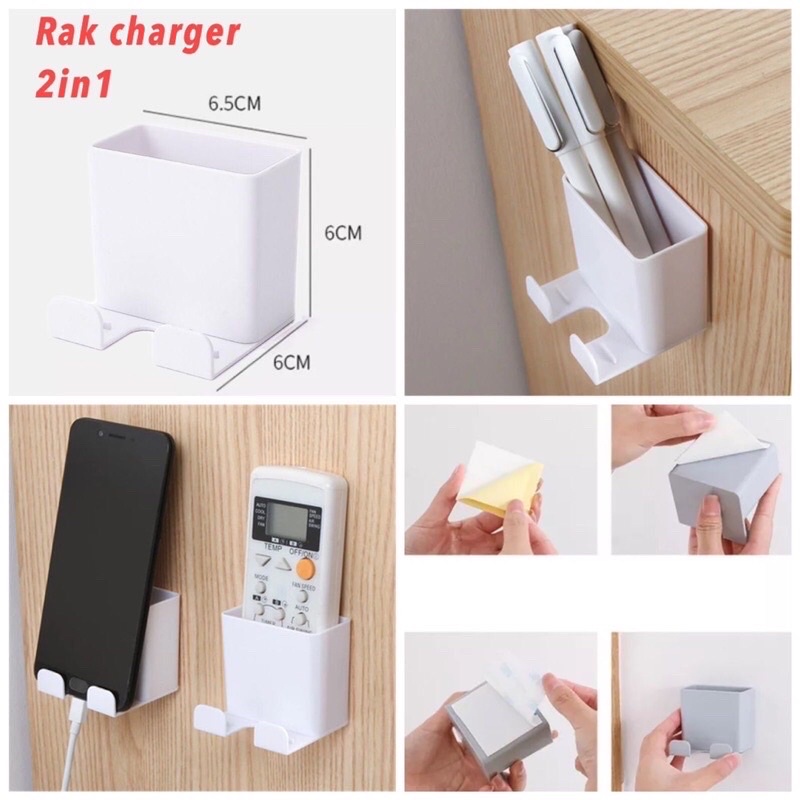 (Sun) Holder Dinding 2in1 / Rak Charger 2 in 1 Hp Remote Tempel Lem Kuat Multifungsi