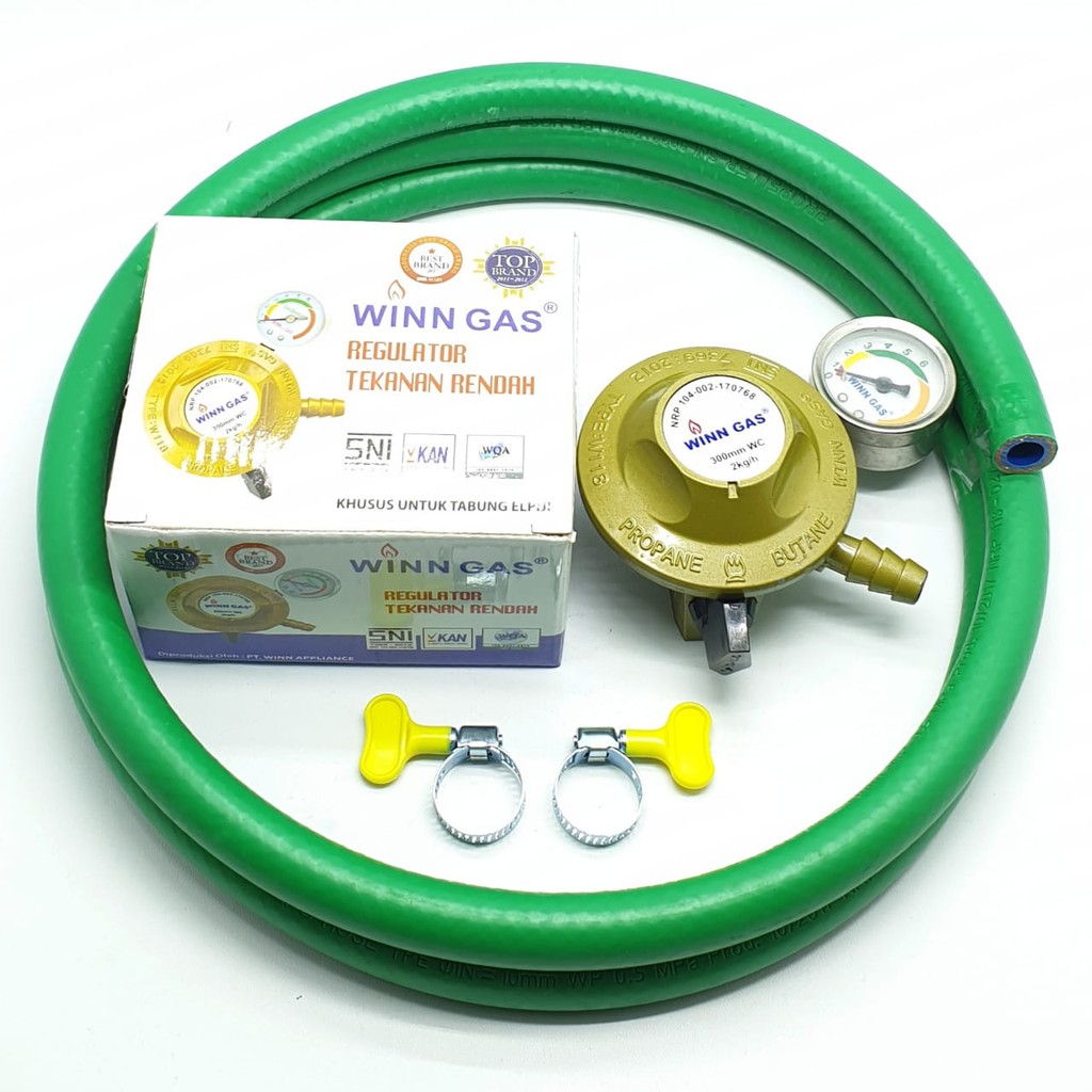 SET Winn Gas W-118M Meter + Selang HIJAU 5 Lapis 2 Mtr + 2 Klem Kuping / Regulator Gas + Selang Gas