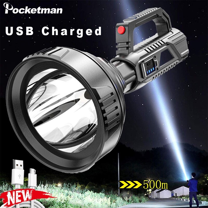 Senter Besar USB Recharge 60000 Lumens bisa Strobo Anti Air Jangkauan Jauh Lampu Sorot Portabel Lampu Sorot Besar Senter Jarak Jauh USB Isi Ulang Senter Lentera Tahan Air Senter Patroli Luar Ruangan High Power LED Flashlight Handheld Searchlight Portable