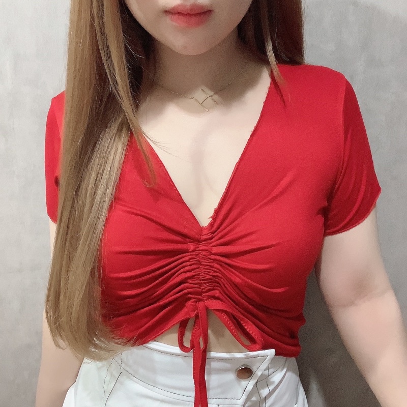 Baju Kaos V-Neck Tali Serut Wanita Korea Fashion | Maimon Grosir