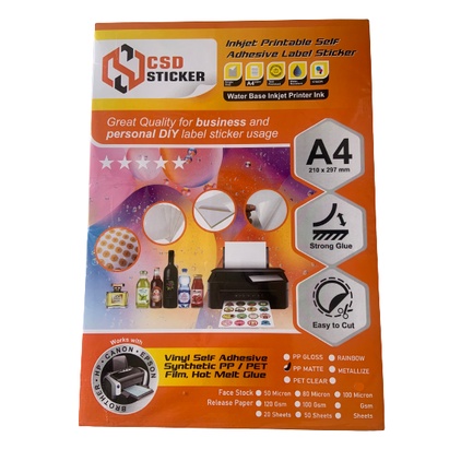 CSD Sticker Vinyl Print Inkjet A4 Waterproof Stiker Plastik Anti Air Repack 10