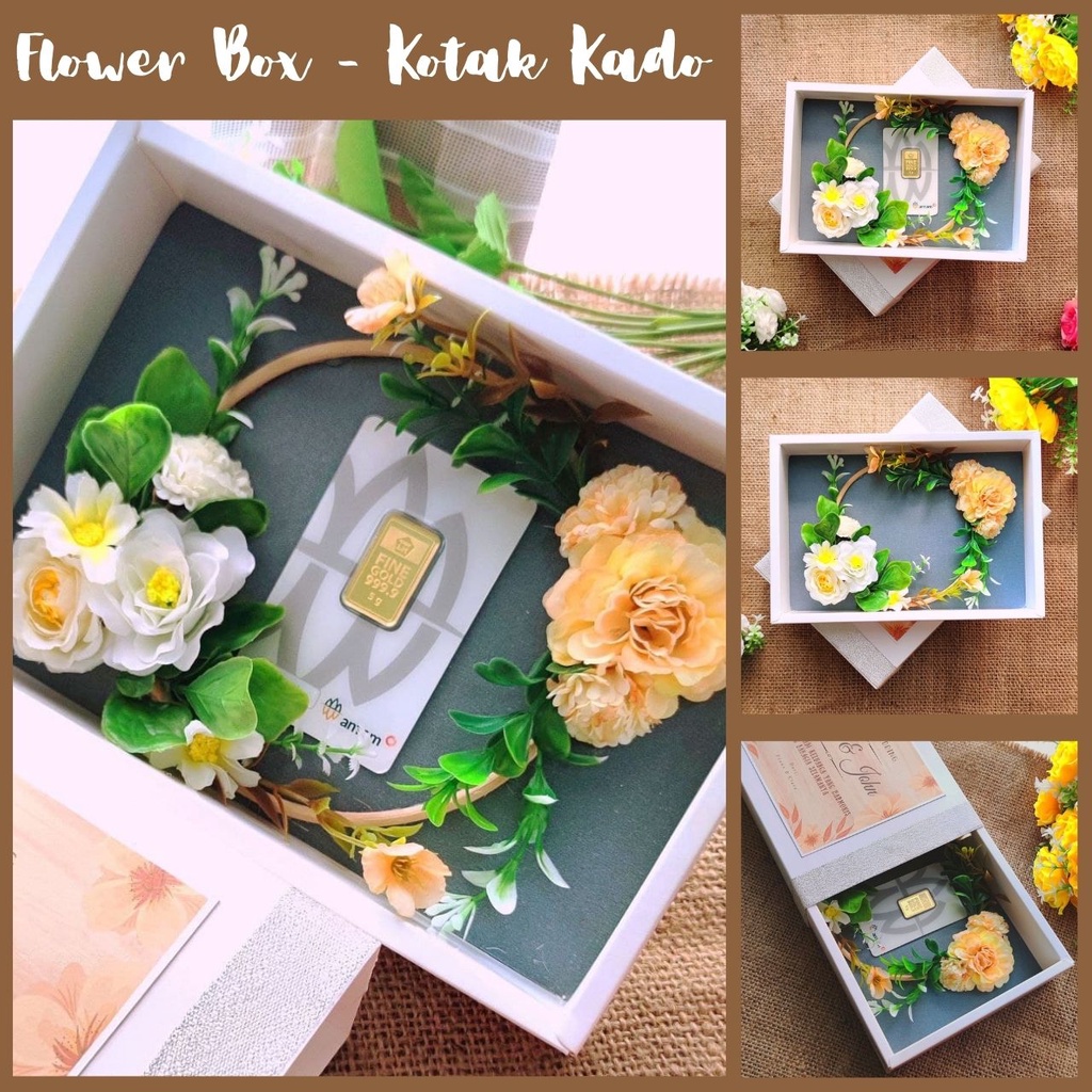 

flowerbox custom kado pernikahan mewah unik warna peach putih latar silver, hadiah perpisahan sahabat kantor, hampers wedding gift anniversary
