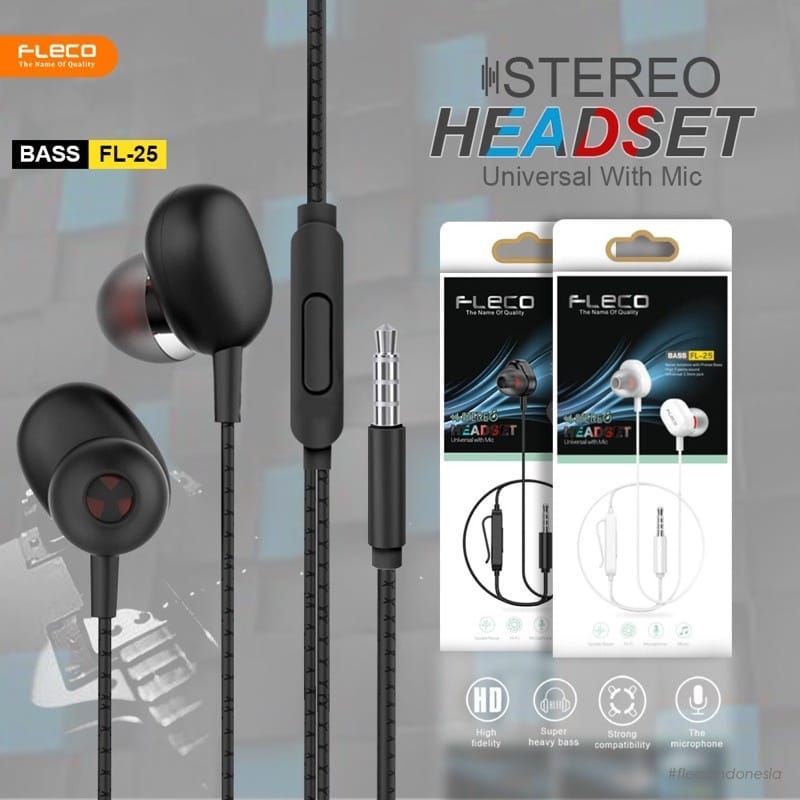 Headset FLECO FL-25 STEREO BASS Handsfree BASS Earphone  Universal With Mic NEW 100% ORIGINAL