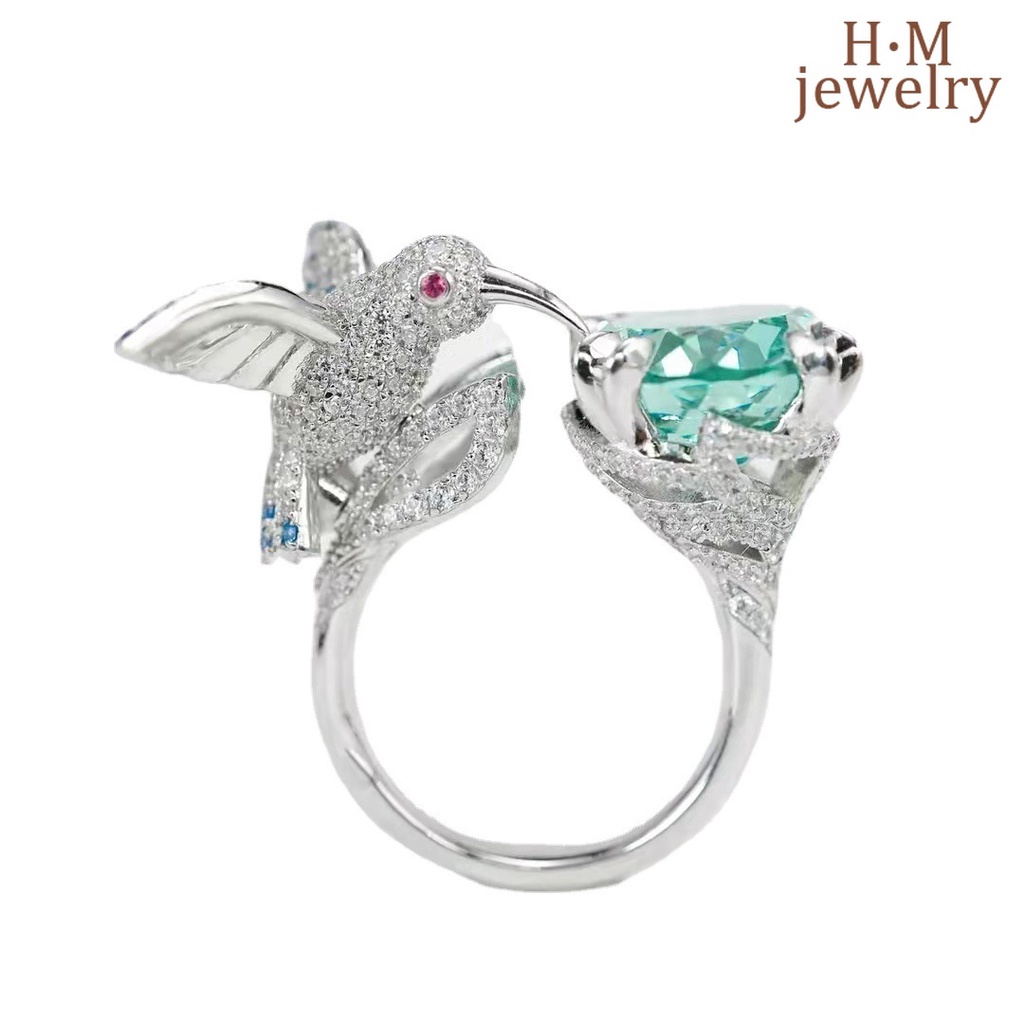 Cincin Model Terbuka Desain Burung Kolibri Warna Aquamarine