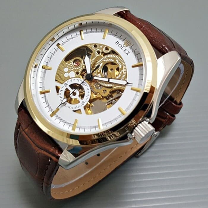 JAM TANGAN PRIA ROLEX KULIT AUTOMATIC BROWN (WHITE LINGKAR GOLD)