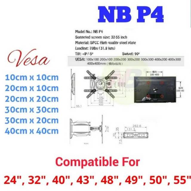 Bracket TV 55 50 49 45 43 40 33 INCH NB P4  UHD OLED LED PLASMA