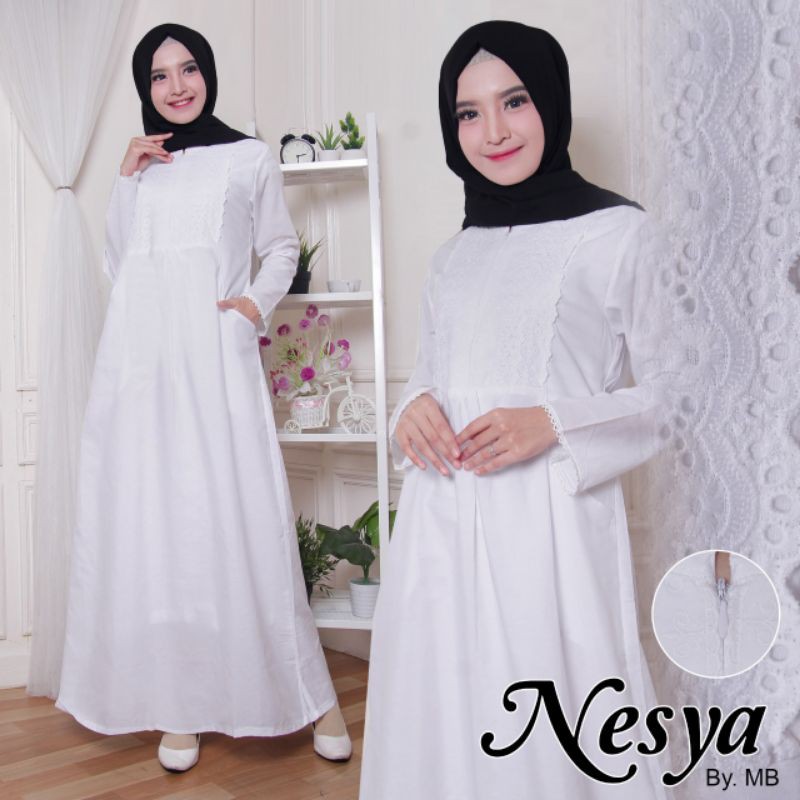gamis wanita / gamis putih / gamis Nesya / katun Jepang / resleting depan