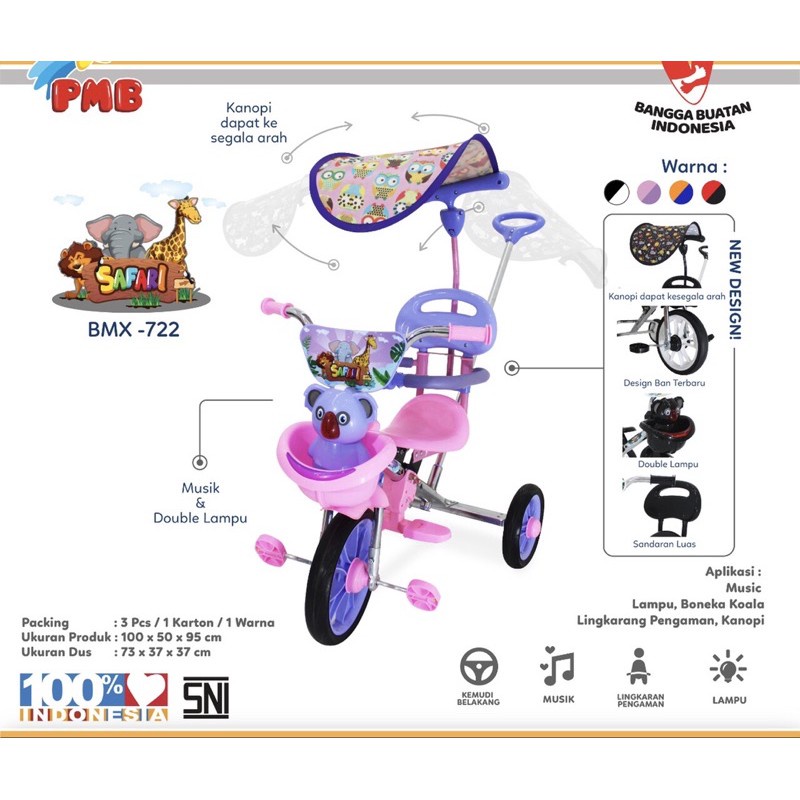 Sepeda Roda Tiga Anak BMX Tricycle PMB 722 Sandaran Stick Musik Kanopi