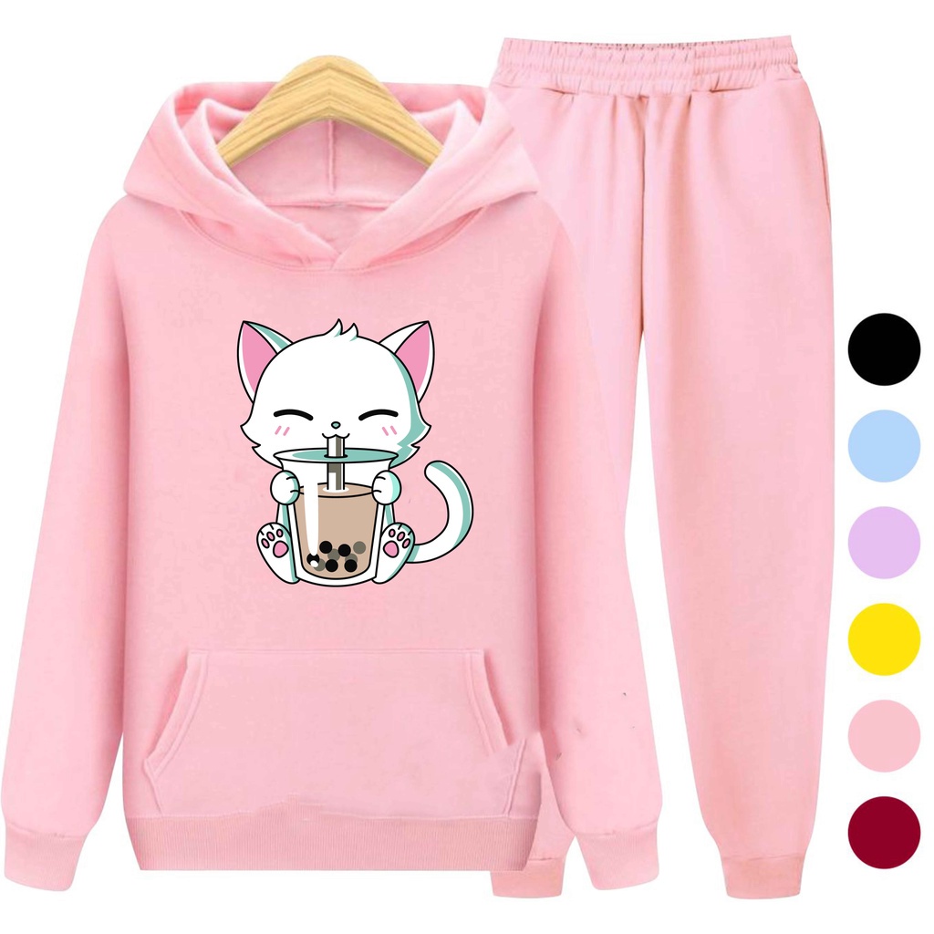 Setelan Anak Sweater Hoodie BOBA CAT / Set Sweater Anak - Remaja Size S (3-5 Thn) M (5-7 Thn) XL(9-12 thn) XXL (13 + thn)