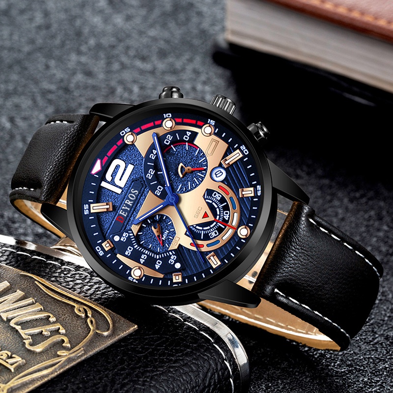 HARGA TERBAIK✅ Jam Tangan Pria Elegan Aksen Emas Tali Kulit Premium Kombinasi Sempurna Gaya Mewah Fungsionalitas Klasik JPD-02